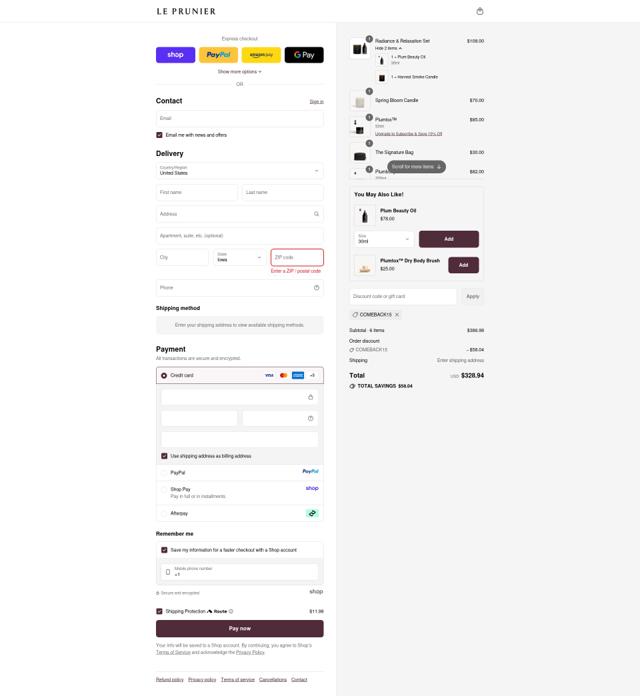 Le Prunier checkout page showing Le Prunier discount code box | Screenshot taken by SimplyCodes community member on Sep 11, 2025