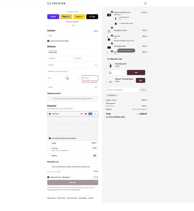 Le Prunier checkout page showing Le Prunier discount code box | Screenshot taken by SimplyCodes community member on Sep 15, 2025