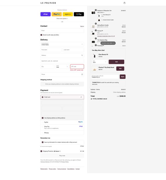 Le Prunier checkout page showing Le Prunier discount code box | Screenshot taken by SimplyCodes community member on Sep 15, 2025