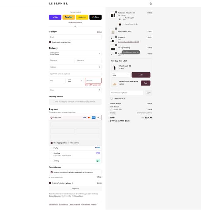 Le Prunier checkout page showing Le Prunier discount code box | Screenshot taken by SimplyCodes community member on Sep 15, 2025