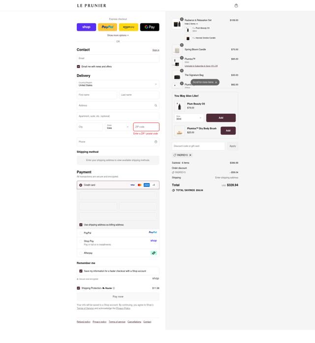 Le Prunier checkout page showing Le Prunier discount code box | Screenshot taken by SimplyCodes community member on Sep 15, 2025