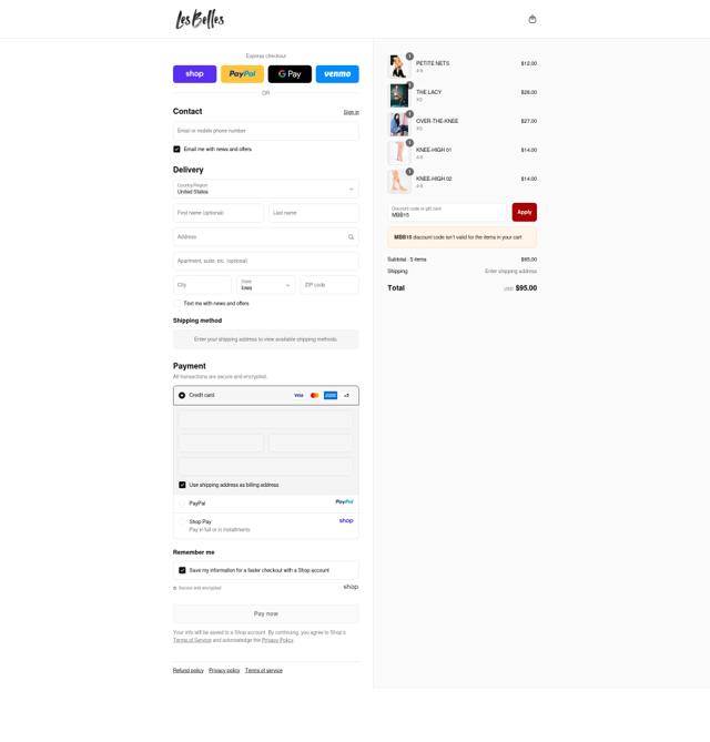 Les Belles checkout page showing Les Belles discount code box | Screenshot taken by SimplyCodes community member on Sep 15, 2025