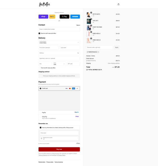 Les Belles checkout page showing Les Belles discount code box | Screenshot taken by SimplyCodes community member on Sep 15, 2025