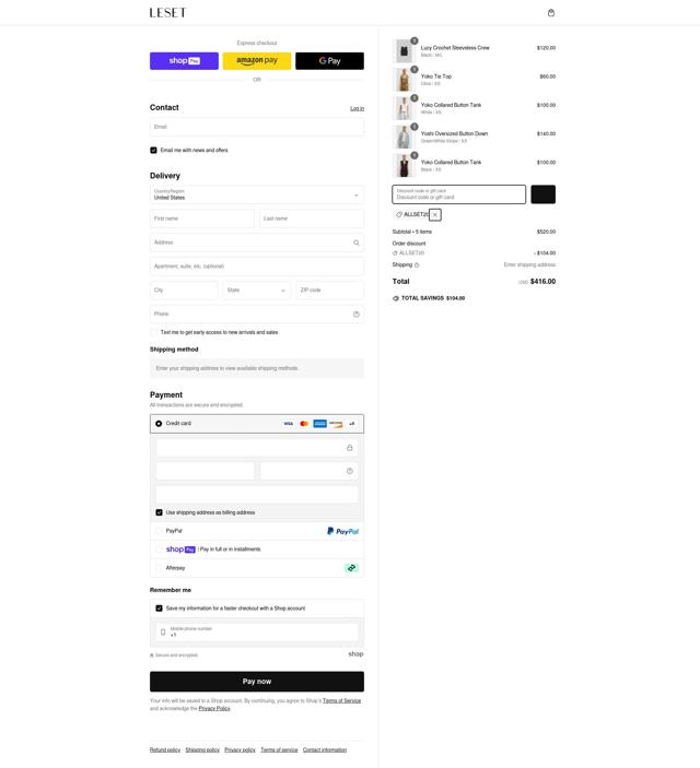 Leset checkout page showing Leset discount code box | Screenshot taken by SimplyCodes community member on Jan 13, 2025