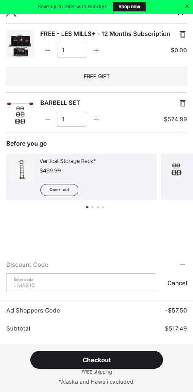 Les Mills Equipment checkout page showing Les Mills Equipment discount code box | Screenshot taken by SimplyCodes community member on May 23, 2025
