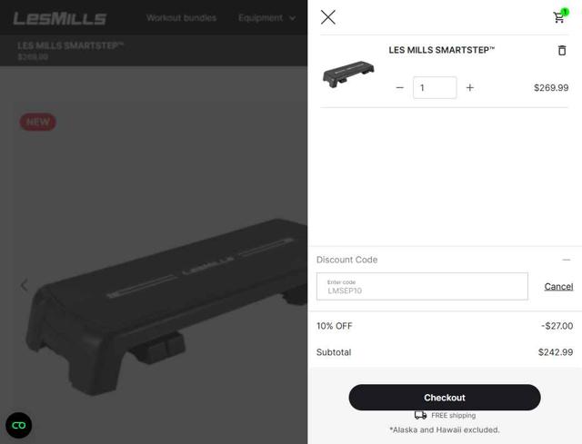Les Mills Equipment checkout page showing Les Mills Equipment discount code box | Screenshot taken by SimplyCodes community member on Sep 1, 2025