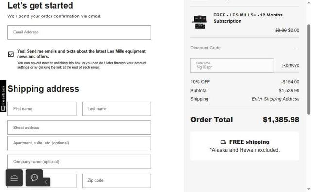 Les Mills Equipment checkout page showing Les Mills Equipment discount code box | Screenshot taken by SimplyCodes community member on Jul 1, 2025