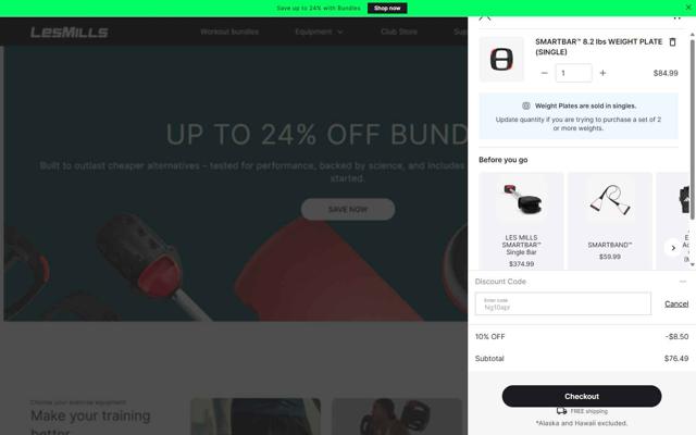 Les Mills Equipment checkout page showing Les Mills Equipment discount code box | Screenshot taken by SimplyCodes community member on Jun 2, 2025