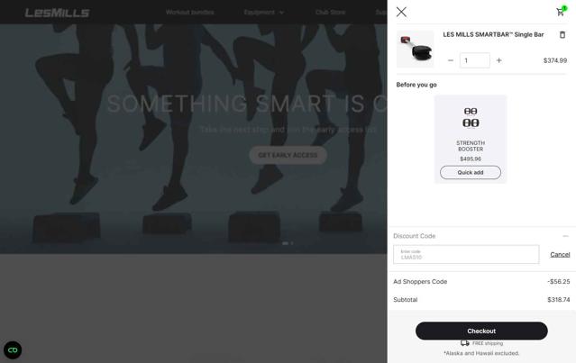 Les Mills Equipment checkout page showing Les Mills Equipment discount code box | Screenshot taken by SimplyCodes community member on Aug 18, 2025