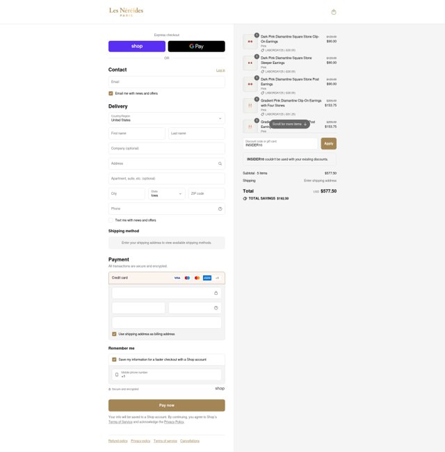 Les Nereides checkout page showing Les Nereides discount code box | Screenshot taken by SimplyCodes community member on Aug 30, 2025