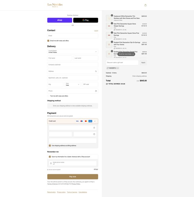 Les Nereides checkout page showing Les Nereides discount code box | Screenshot taken by SimplyCodes community member on Sep 4, 2025