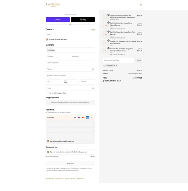 Les Nereides checkout page showing Les Nereides discount code box | Screenshot taken by SimplyCodes community member on Sep 4, 2025