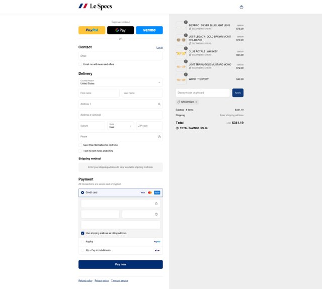 Le Specs checkout page showing Le Specs discount code box | Screenshot taken by SimplyCodes community member on Sep 2, 2025
