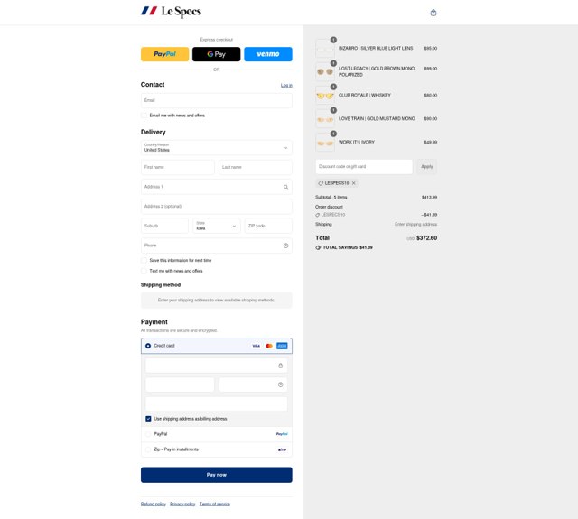 Le Specs checkout page showing Le Specs discount code box | Screenshot taken by SimplyCodes community member on Aug 20, 2025