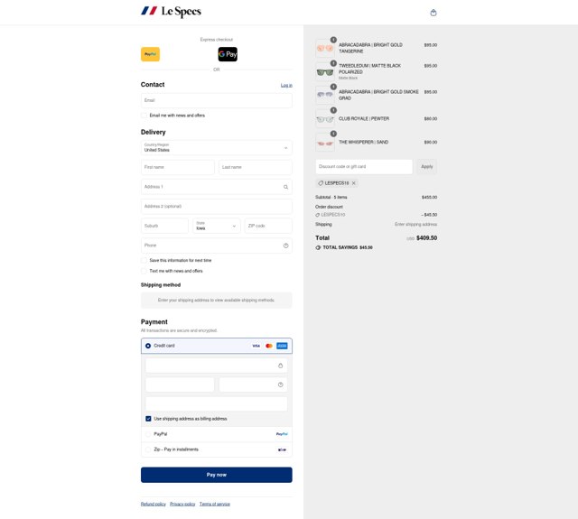 Le Specs checkout page showing Le Specs discount code box | Screenshot taken by SimplyCodes community member on Aug 15, 2025
