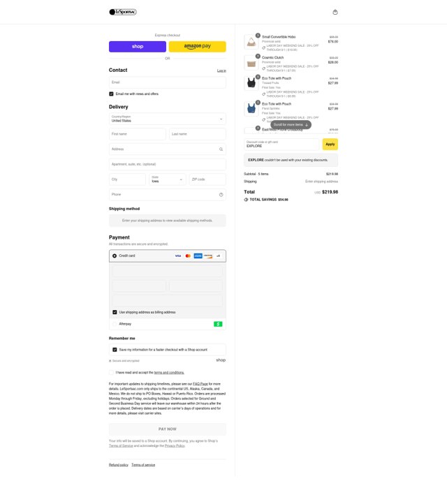 LeSportsac checkout page showing LeSportsac discount code box | Screenshot taken by SimplyCodes community member on Sep 2, 2025