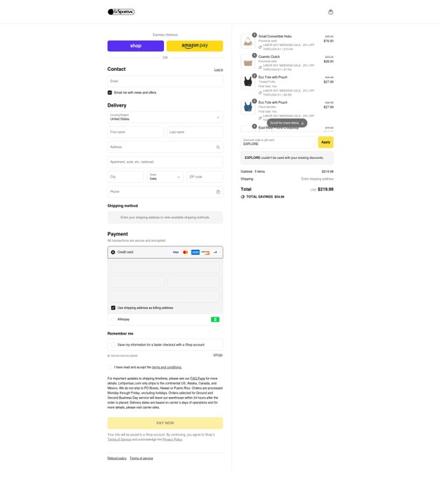 LeSportsac checkout page showing LeSportsac discount code box | Screenshot taken by SimplyCodes community member on Aug 28, 2025