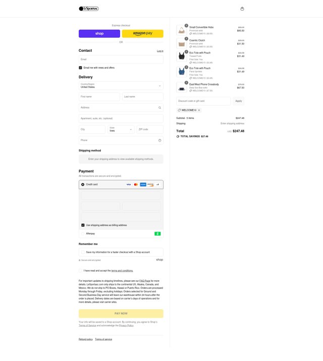 LeSportsac checkout page showing LeSportsac discount code box | Screenshot taken by SimplyCodes community member on Sep 6, 2025