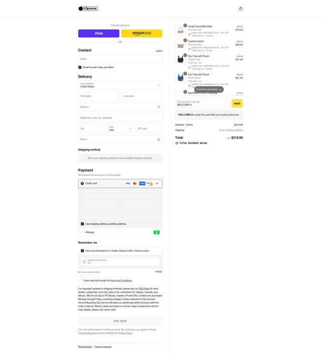 LeSportsac checkout page showing LeSportsac discount code box | Screenshot taken by SimplyCodes community member on Sep 2, 2025
