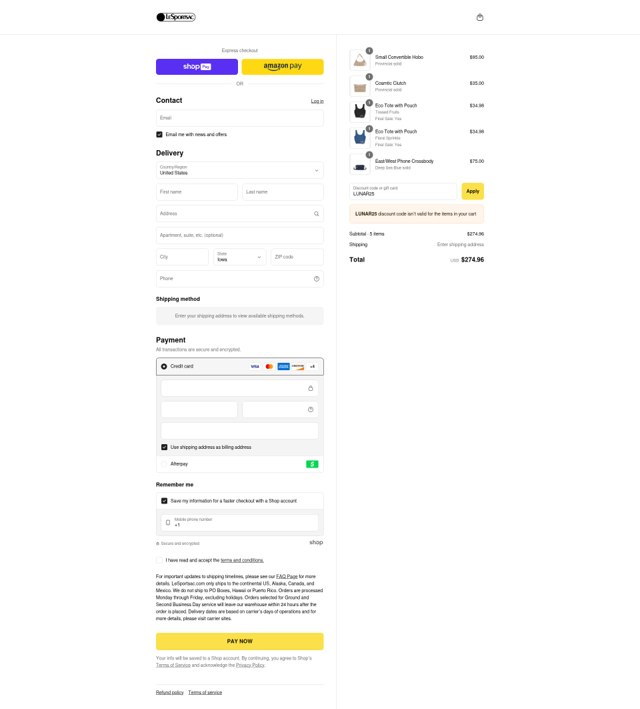 LeSportsac checkout page showing LeSportsac discount code box | Screenshot taken by SimplyCodes community member on Aug 24, 2025
