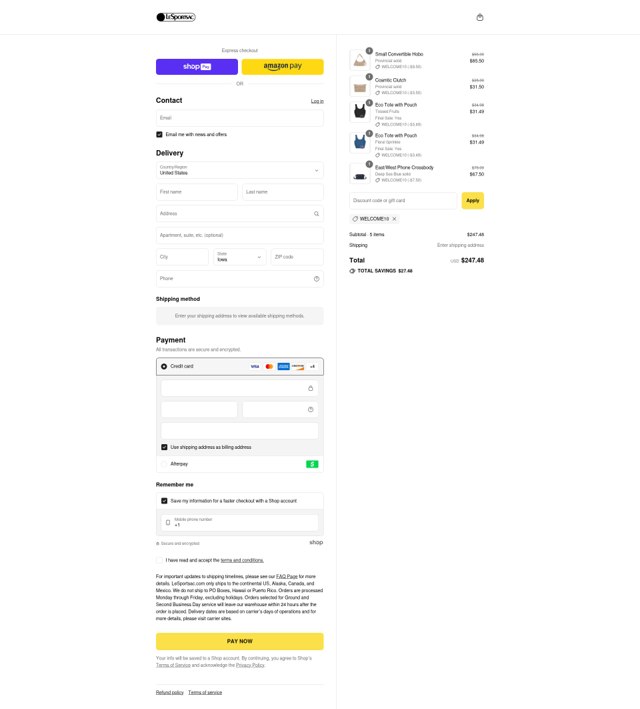 LeSportsac checkout page showing LeSportsac discount code box | Screenshot taken by SimplyCodes community member on Aug 24, 2025
