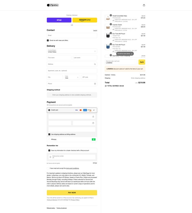 LeSportsac checkout page showing LeSportsac discount code box | Screenshot taken by SimplyCodes community member on Aug 28, 2025