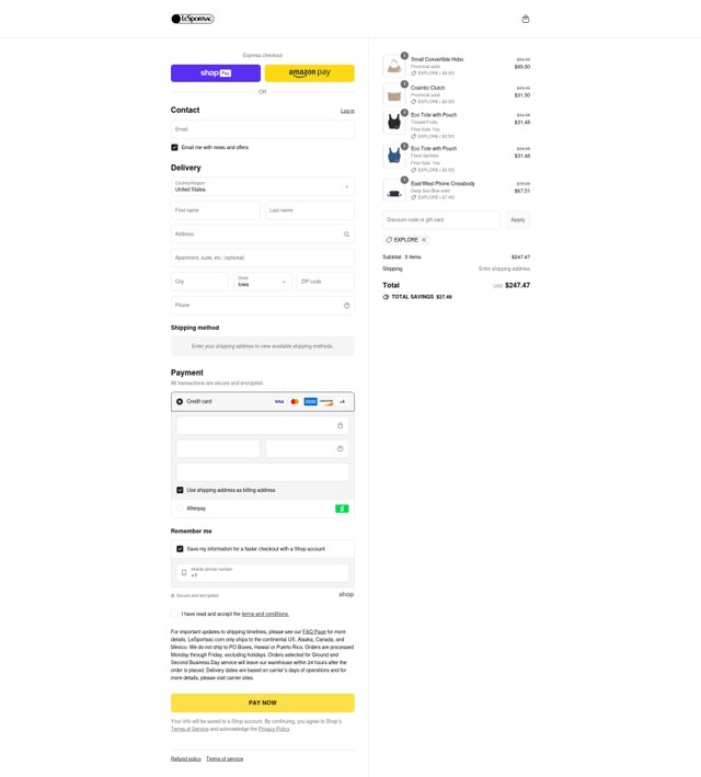 LeSportsac checkout page showing LeSportsac discount code box | Screenshot taken by SimplyCodes community member on Aug 24, 2025