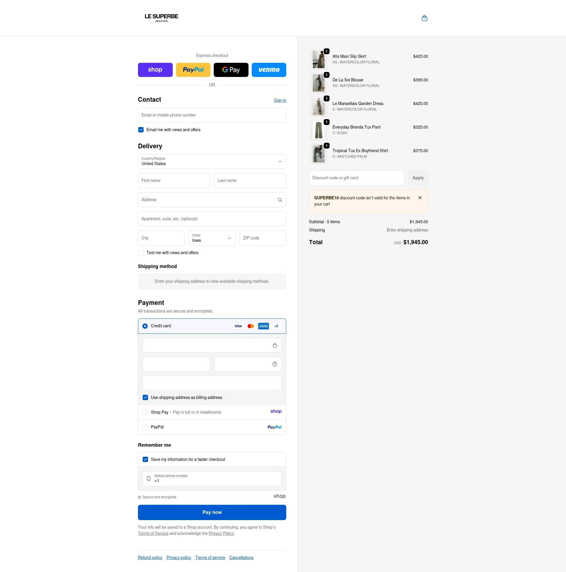 Le Superbe checkout page showing Le Superbe promo code box | Screenshot taken by SimplyCodes community member on Dec 30, 2025