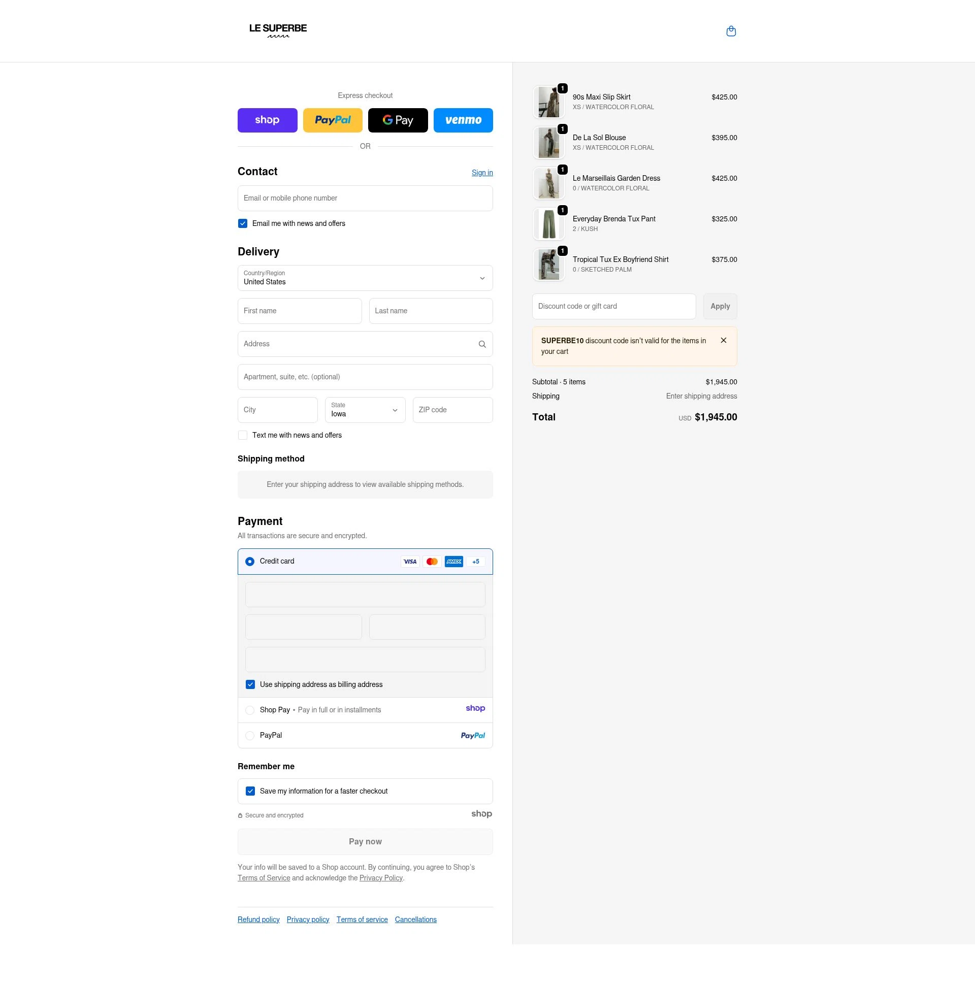 Le Superbe checkout page showing Le Superbe promo code box | Screenshot taken by SimplyCodes community member on Dec 20, 2025