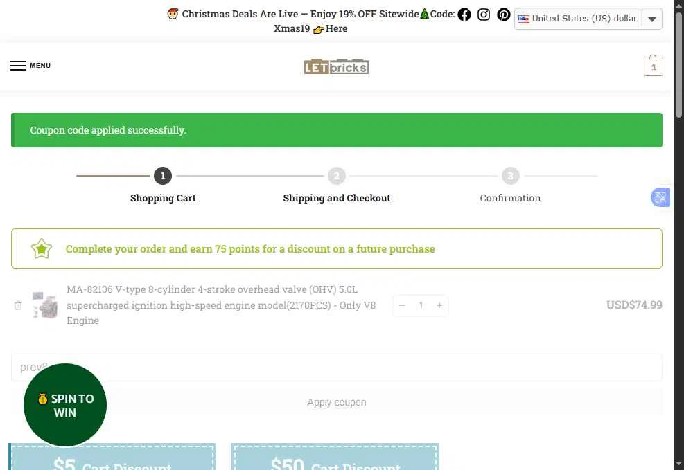 Letbricks checkout page showing Letbricks coupon code box | Screenshot taken by SimplyCodes community member on Dec 27, 2025