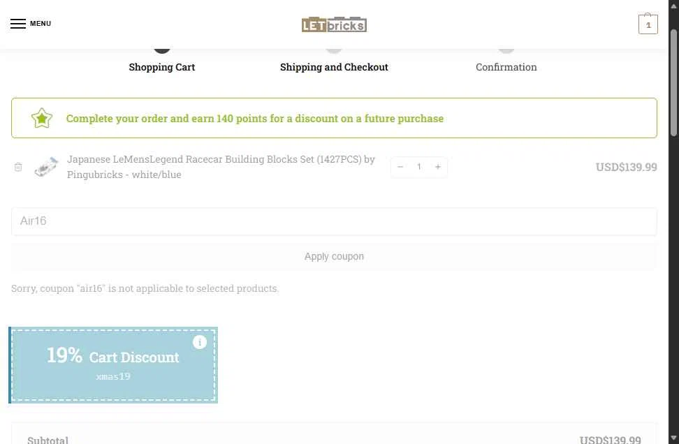 Letbricks checkout page showing Letbricks coupon code box | Screenshot taken by SimplyCodes community member on Jan 3, 2026