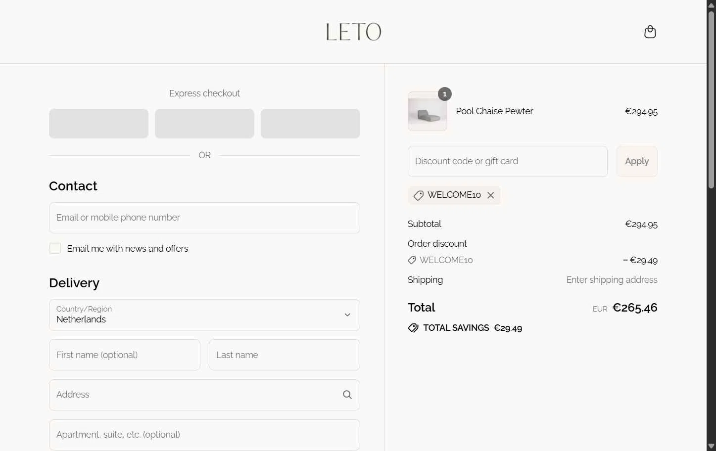 LETO checkout page showing LETO promo code box | Screenshot taken by SimplyCodes community member on Aug 26, 2025