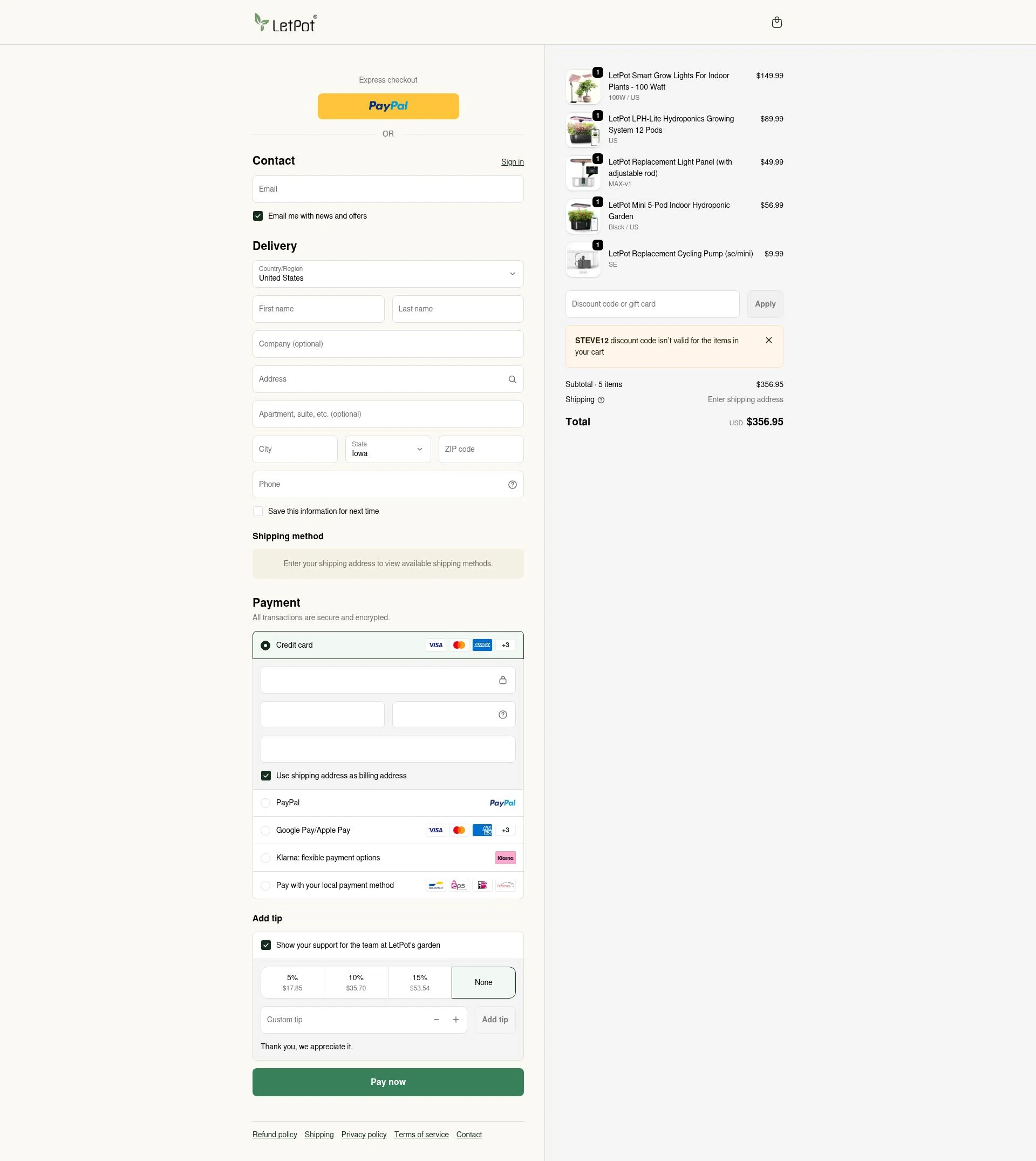 LetPot checkout page showing LetPot discount code box | Screenshot taken by SimplyCodes community member on Jan 8, 2026