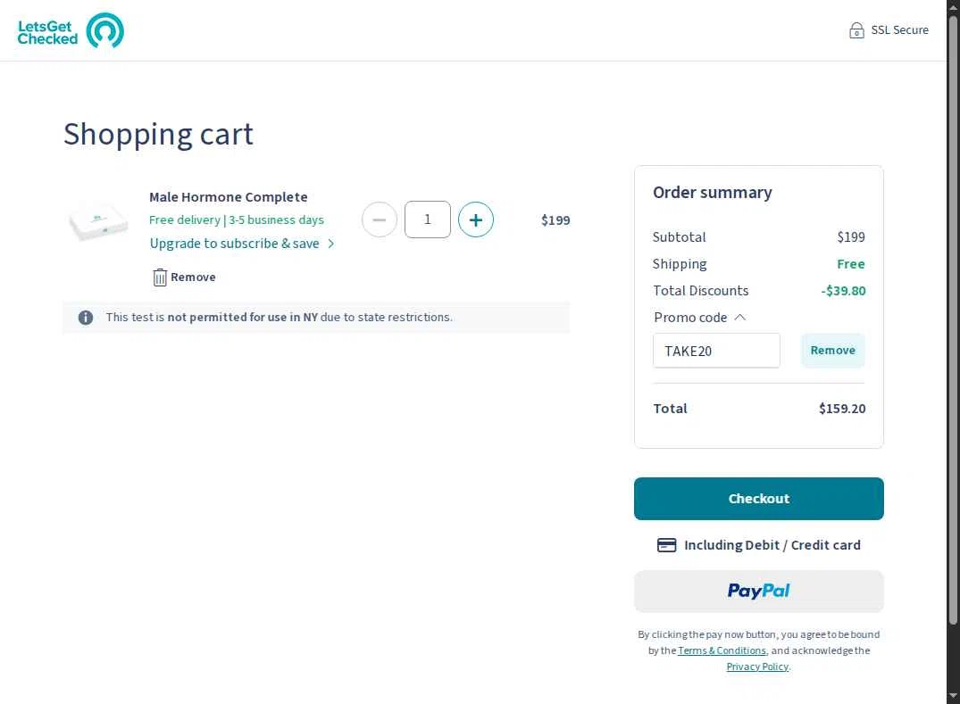 LetsGetChecked checkout page showing LetsGetChecked promo code box | Screenshot taken by SimplyCodes community member on Aug 5, 2025