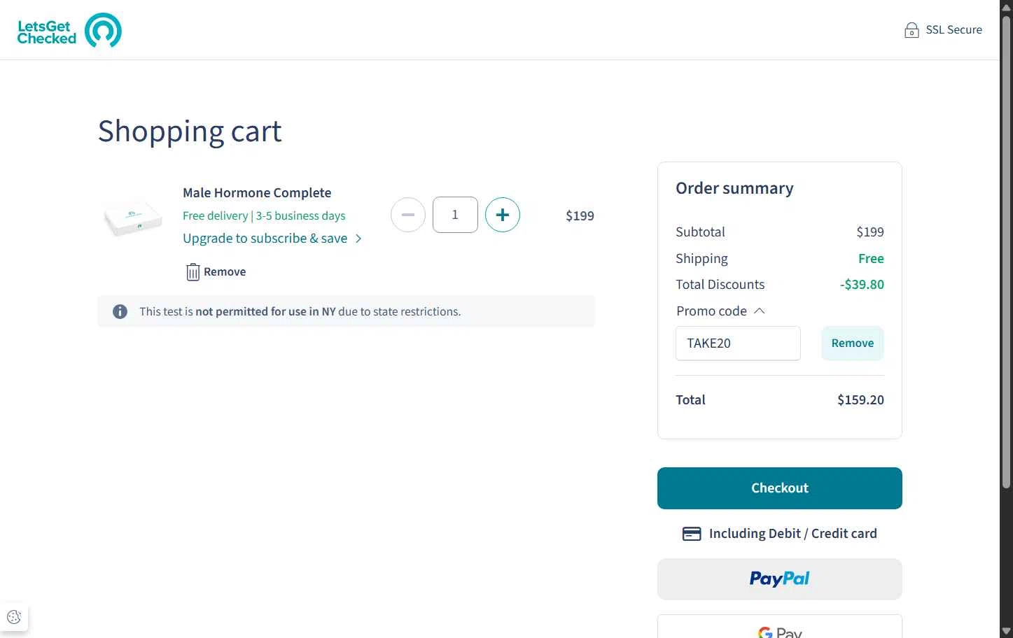 LetsGetChecked checkout page showing LetsGetChecked promo code box | Screenshot taken by SimplyCodes community member on Sep 23, 2025