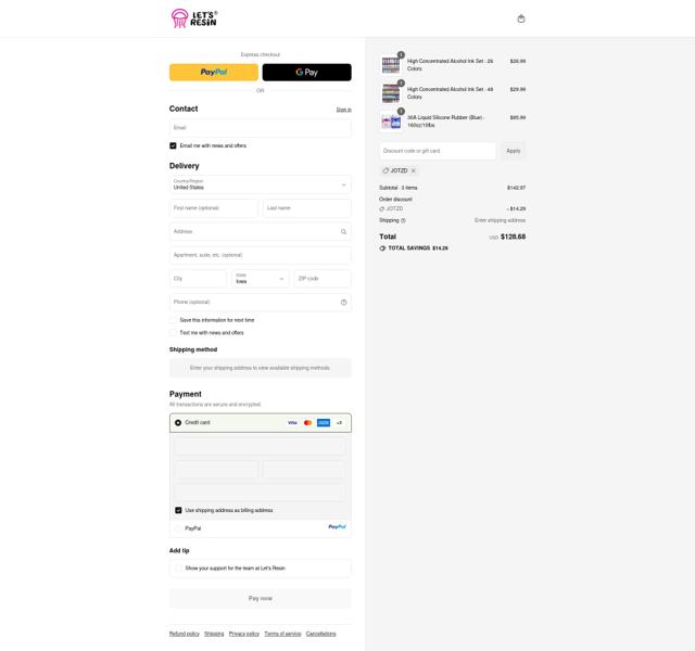Let's Resin checkout page showing Let's Resin promo code box | Screenshot taken by SimplyCodes community member on Sep 13, 2025