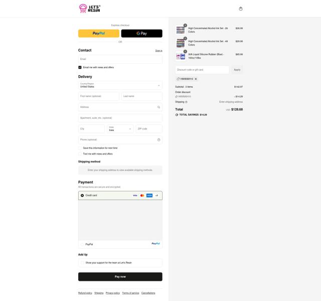 Let's Resin checkout page showing Let's Resin promo code box | Screenshot taken by SimplyCodes community member on Sep 13, 2025