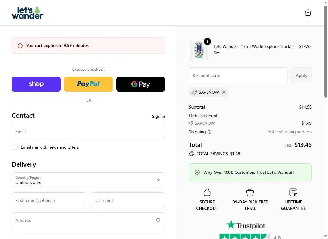 Let's Wander checkout page showing Let's Wander discount code box | Screenshot taken by SimplyCodes community member on Jan 18, 2026