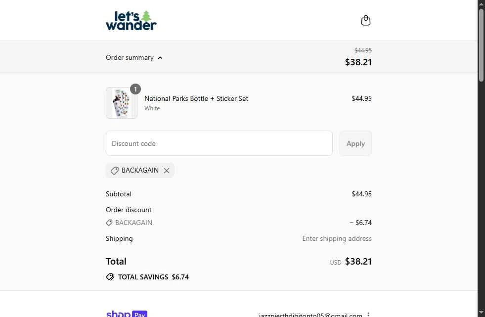 Let's Wander checkout page showing Let's Wander discount code box | Screenshot taken by SimplyCodes community member on Aug 23, 2025