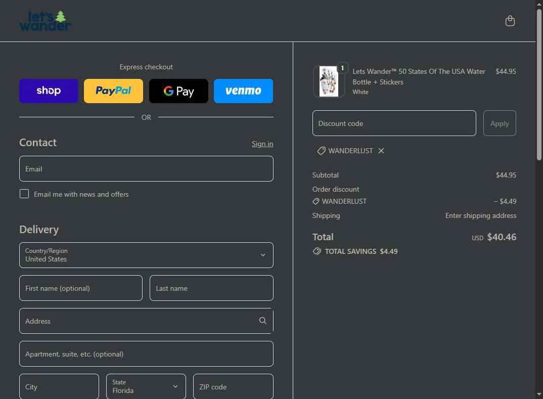 Let's Wander checkout page showing Let's Wander discount code box | Screenshot taken by SimplyCodes community member on Nov 1, 2025