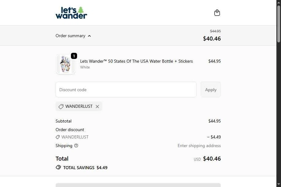 Let's Wander checkout page showing Let's Wander discount code box | Screenshot taken by SimplyCodes community member on Dec 29, 2025