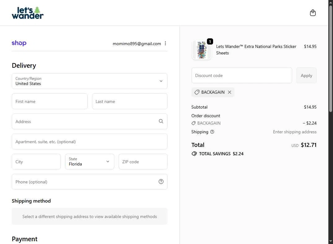 Let's Wander checkout page showing Let's Wander discount code box | Screenshot taken by SimplyCodes community member on Jan 15, 2026