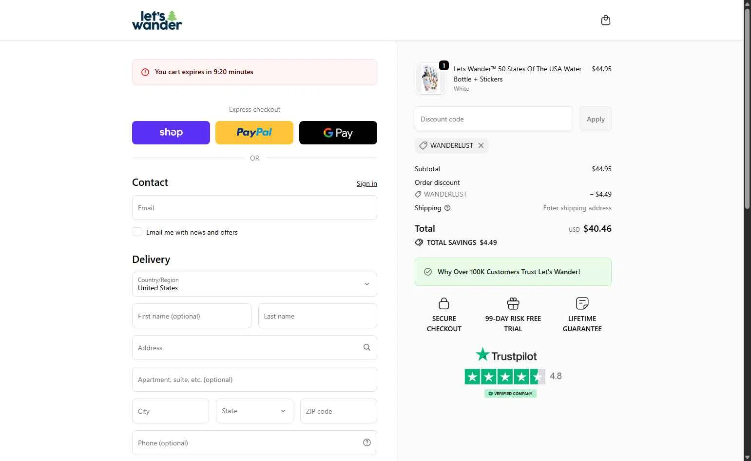 Let's Wander checkout page showing Let's Wander discount code box | Screenshot taken by SimplyCodes community member on Jan 27, 2026
