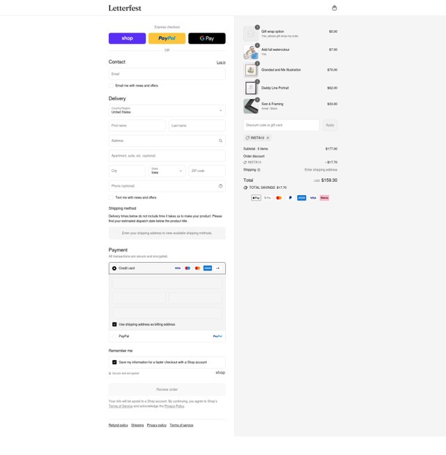 Letterfest checkout page showing Letterfest discount code box | Screenshot taken by SimplyCodes community member on Sep 3, 2025