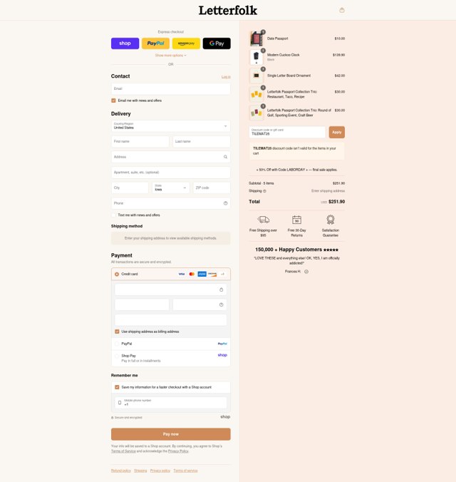 Letterfolk checkout page showing Letterfolk discount code box | Screenshot taken by SimplyCodes community member on Sep 1, 2025