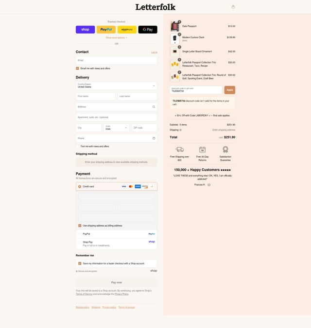 Letterfolk checkout page showing Letterfolk discount code box | Screenshot taken by SimplyCodes community member on Sep 6, 2025