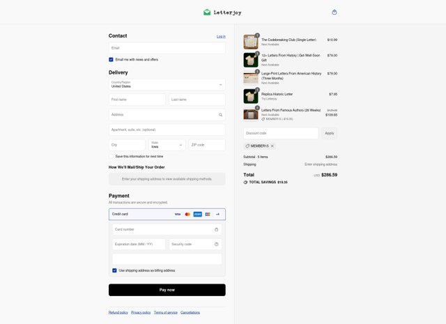 Letterjoy checkout page showing Letterjoy discount code box | Screenshot taken by SimplyCodes community member on Sep 8, 2025