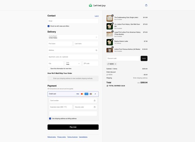Letterjoy checkout page showing Letterjoy discount code box | Screenshot taken by SimplyCodes community member on Sep 8, 2025