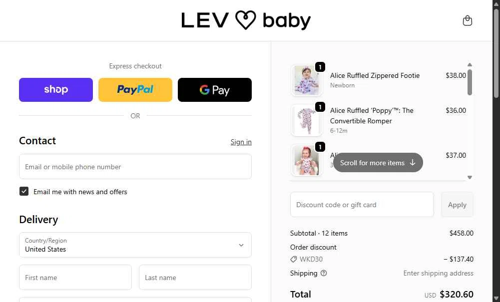 Lev Baby checkout page showing Lev Baby discount code box | Screenshot taken by SimplyCodes community member on Feb 13, 2026