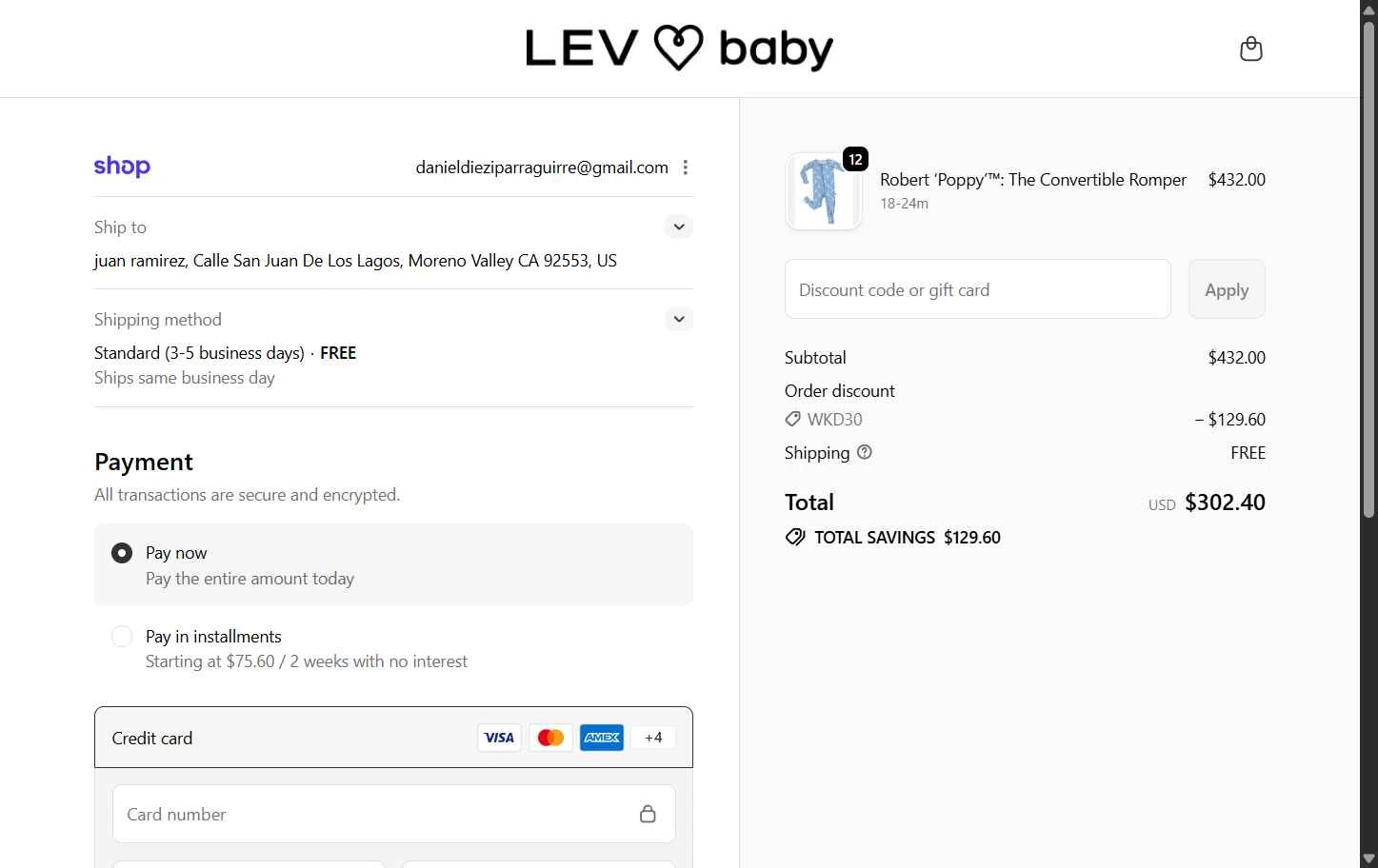 Lev Baby checkout page showing Lev Baby discount code box | Screenshot taken by SimplyCodes community member on Feb 13, 2026